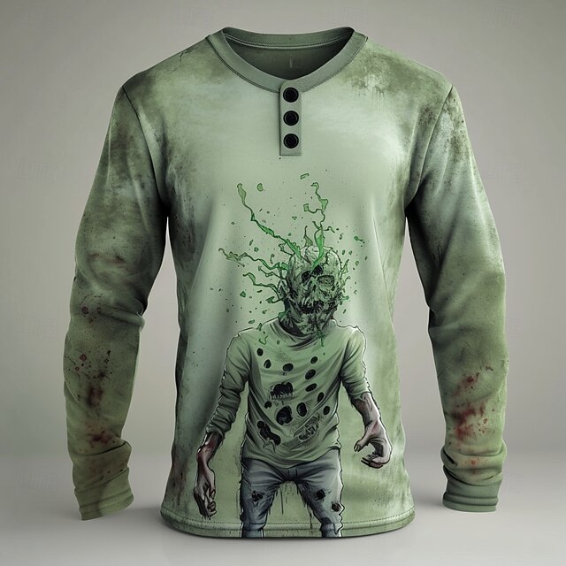 Men's Halloween Zombies Henley Shirt Long Sleeve Fashion Cute Daily Casual Holiday Going out Fall Spring &  Fall Green Henley Henley T-Shirt4