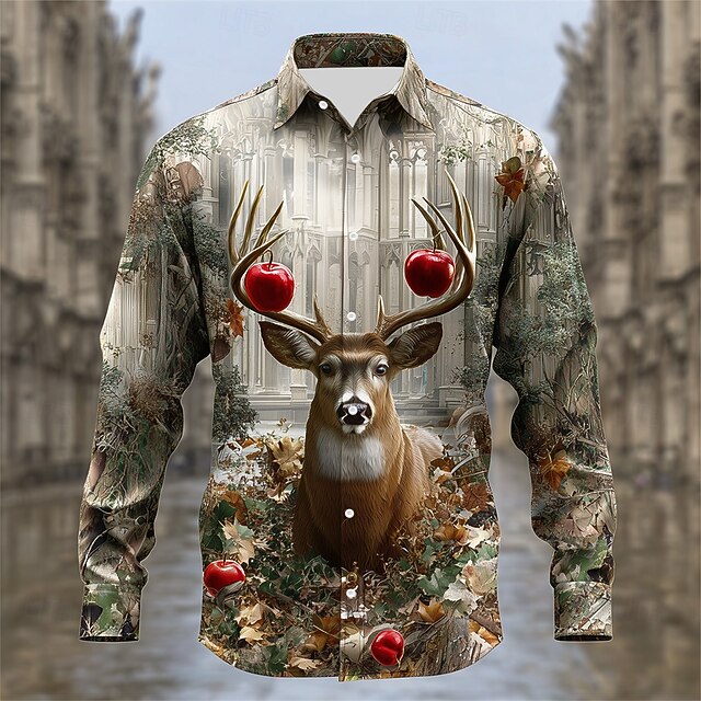 Men's Reindeer Camouflage Christmas Animal Shirt Button Up Shirt Long Sleeve Vintage Retro Outdoor Camping & Hiking Hunting Spring Fall Turndown 3D Print Linen Like Shirt Khaki4