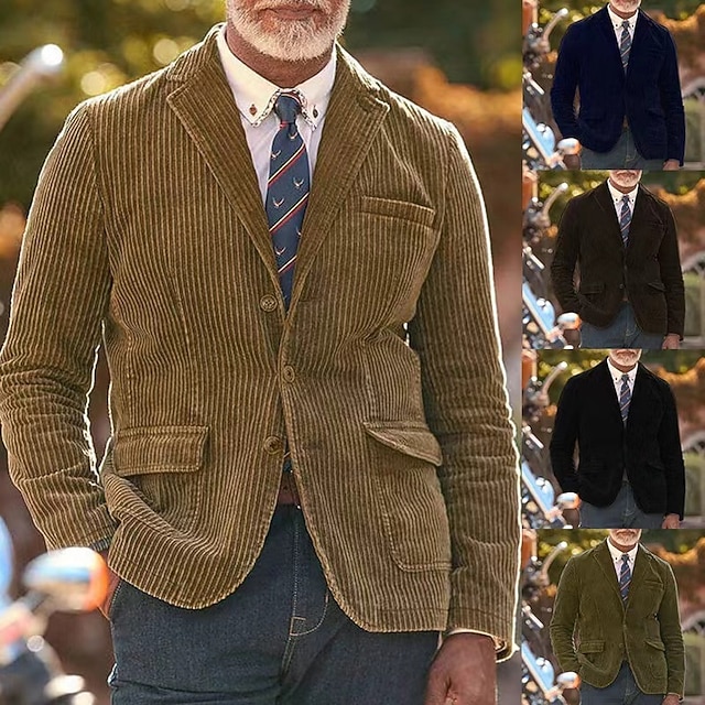  Per uomo Blazer in velluto a coste Blazer Affari Cocktail party Ricevimento di matrimonio Moda Casual Primavera Autunno Poliestere Semplice Tasca Bottoni Confortevole Monopetto Giacca Nero Kaki Verde