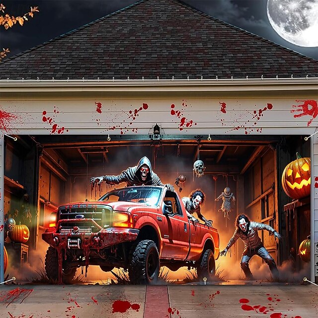 Halloween Tapestry Garage Door Cover Large Hanging Backdrop Zombies 3D Dark Punk Gothic Style Party Outdoor Shooting Backgrounds Yard Haunted House Home Decor4