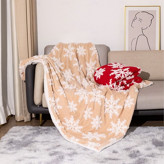  Cobertor de algodão macio e grosso de camada dupla para outono e inverno, manta de lã sherpa de Natal, colcha com estampa de floco de neve e capa de tatame