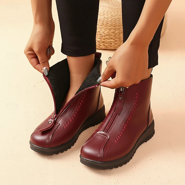 Women's Burgundy Faux Leather Ankle Boots, Double Zipper & Fleece Lined for Cozy Winter Warmth, Non - Slip Sole for All - Day Comfort 9