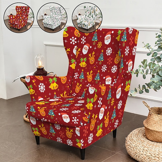  Trekk til julestol med vingerygg, blomstrete/stripete/geometrisk trykt polyestertrekk, dekorativt stoltrekk til hjemmet