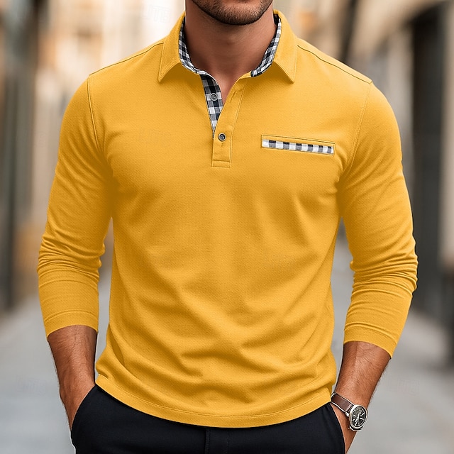  Herren Golfshirt Piqué-Poloshirt Urlaub Arbeit Umlegekragen Langarm Mode Basic Einfarbig Karomuster Kariert Knöpfe Sommer Frühling Herbst Normale Passform Schwarz Weiß Gelb Marineblau Golfshirt