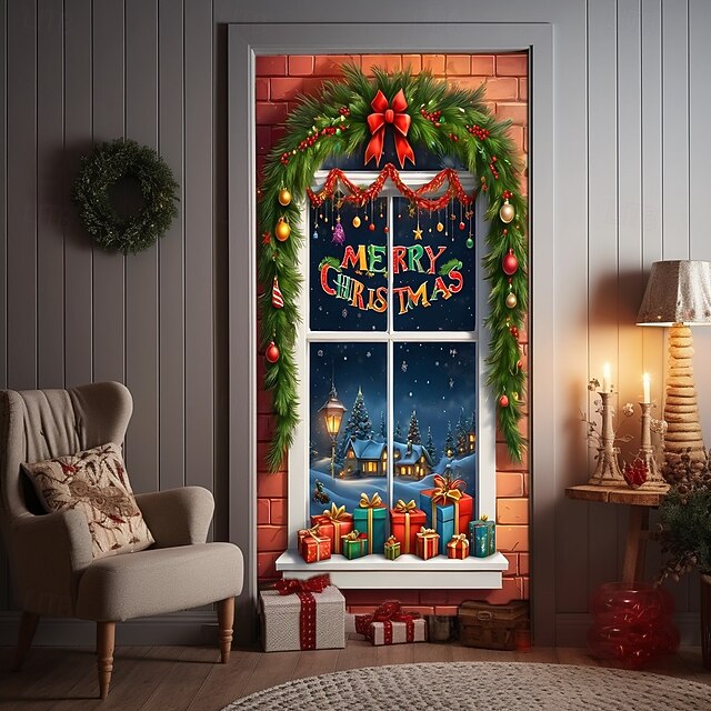 Christmas Door Cover Holiday Decoration Winter Theme Drapes Featuring Christmas Tree Gifts Print Large Fabric Panel Festive Home Decor For Living Room Bedroom Entryway Seasonal Celebration Party4