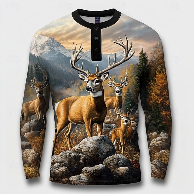 Men's Reindeer Henley Shirt Long Sleeve Fashion Cute Daily Casual Holiday Going out Winter Spring &  Fall Black Henley Henley T-Shirt4