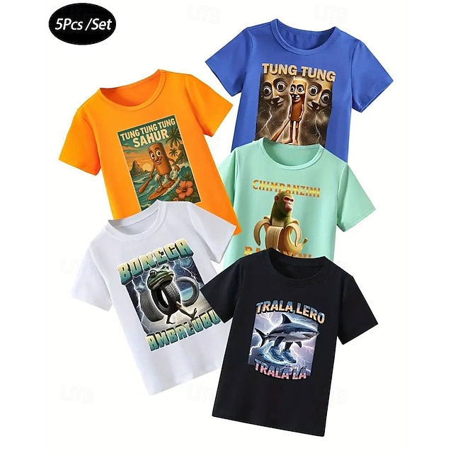  5 st. kortärmade sommar-t-shirts för pojkar, avslappnade rundhalsade toppar i blandade färger, lekfull grafisk design, bekväm passform - krokodil cappuccino tral haj dong dong kokosnöt elefant