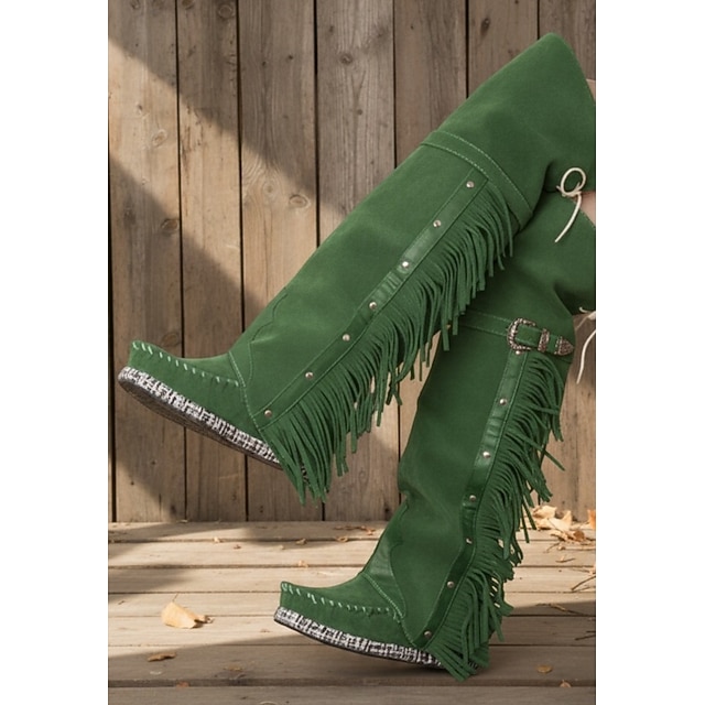 Suede Fringe Tall Cowboy Boots – Boho Western Knee-High Booties main image 1