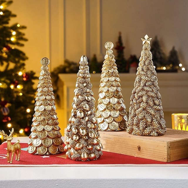  Décoration de table pour sapin de Noël, motif pomme de pin dorée, dollar et bitcoin, mini statue de sapin de Noël en résine pour décoration intérieure de vacances, vitrine, cadeau