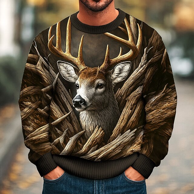 Men's Animal Elk Pullover Sweater Jumper Knitwear Crewneck Casual Vacation Street Daily 3D Print Knitting Keep Warm Long Sleeve Fall Winter Black4