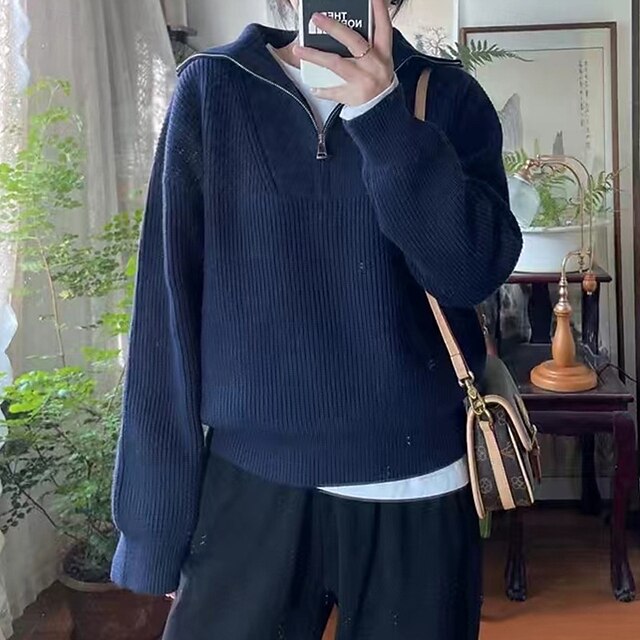 Women's Sweater Fashion Streetwear Casual Solid Color Ribbed Half Zip Knitted Long Sleeve Regular Tops Knit Outdoor Daily Weekend Navy Blue Fall Winter4