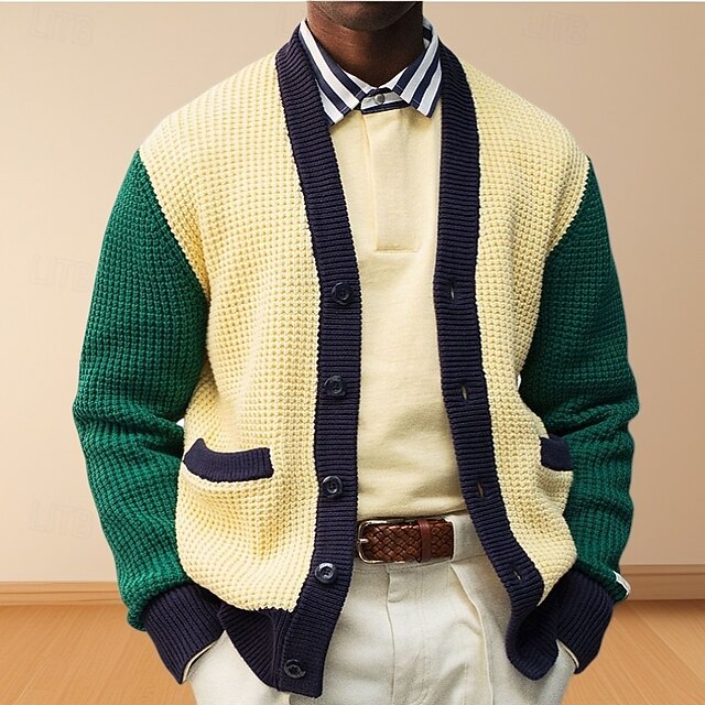 Men's Sweater Cardigan Sweater Ribbed Knit Regular Tops Color Block Knitted Plain V Neck Vacation Fashion Casual Daily Wear Clothing Apparel Spring &  Fall Beige M L XL4