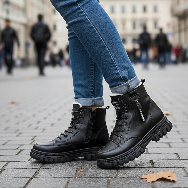 Women's Black Faux Fur Lined Platform Combat Ankle Boots, Cozy & Edgy with Non - Slip Lug Sole, Ideal for Winter 7
