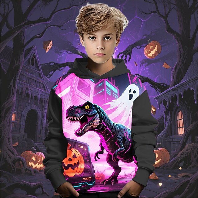 Halloween Boys' 3D Pumpkin Dinosaur Ghost Hoodie Long Sleeve Spring Fall Fashion Streetwear Kids 4-12 Years Hooded Outdoor Casual Daily Regular Fit4