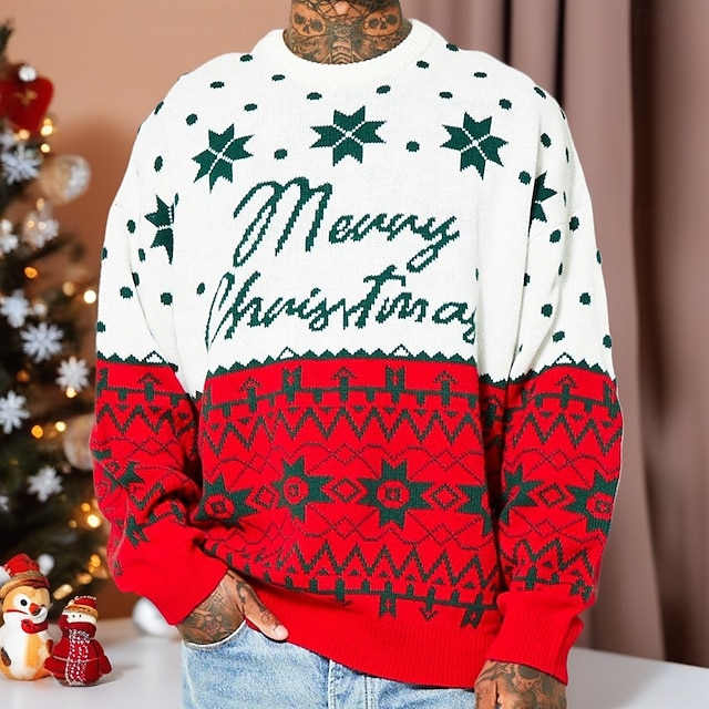  Jul Herre Snøfnugg Pullover genser Strikketøy Crewneck Fritid Feriereise Hjem Gate 3D-utskrift Strikking Hold Varm Langermet Vår Høst Vinter Rød -1 Rød -2