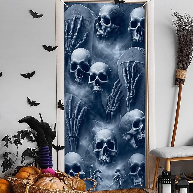 Halloween Door Covers Skull Head and Skeleton Hands Tapestry Door Curtain Decoration, Scary Horror Backdrop Door Banner for Front Door Indoor Outdoor Haunted House Party Decor4