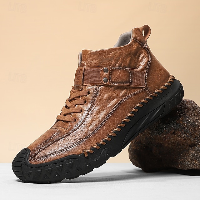  Botas masculinas de couro sintético genuíno marrom para caminhadas ao ar livre com sola antiderrapante – calçado casual para viagem e aventura