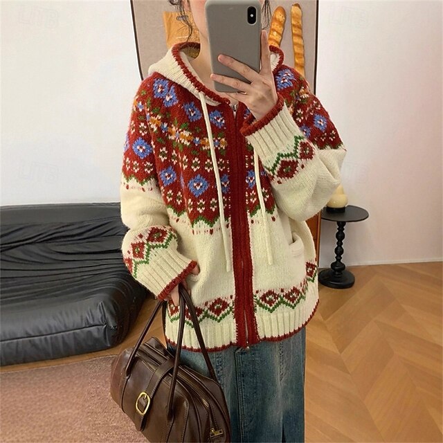 Women's Sweater Cardigan Fair Isle Sweater Fashion Casual Geometric Ribbed Hooded Zipper Knitted Print Long Sleeve Regular Tops Knit Christmas Outdoor Daily Beige Fall Winter4