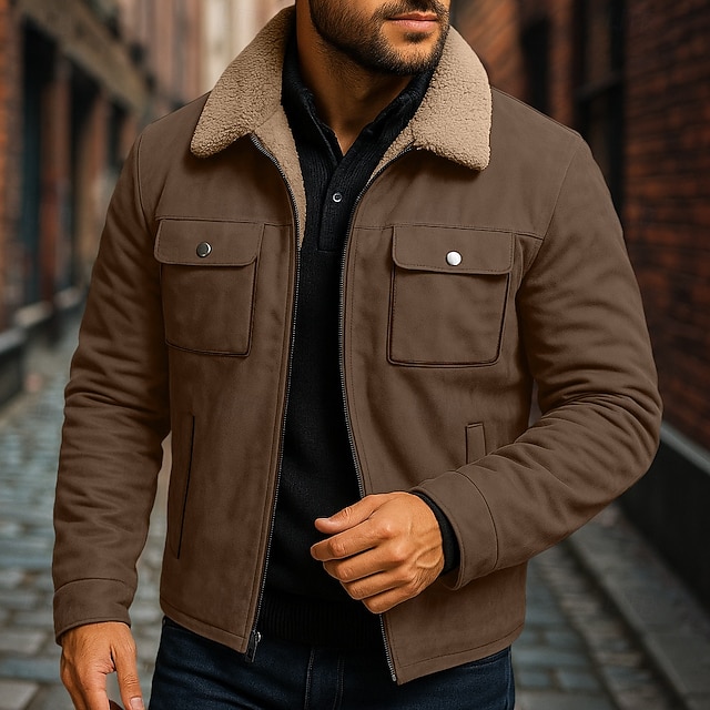  Homme Veste en faux suède Veste Sherpa Veste en Daim Marron Occasionnel Quotidien Chaleur Thermique Avec Poches Automne Hiver Actif ancien Régulier Noir Marron Gris Veste