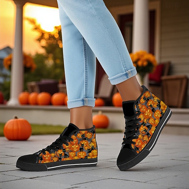  Damskie wysokie płócienne trampki z nadrukiem kotów i dyni – gotyckie buty na imprezę halloweenową, idealne do chodzenia i noszenia na co dzień