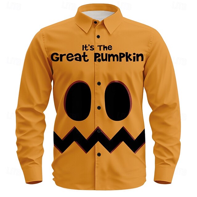 Halloween Men's Pumpkin Lantern Face Shirt Button Up Shirt Long Sleeve Dark Gothic Style Outdoor Holiday Spring Fall Turndown 3D Print Collared Shirts Orange4