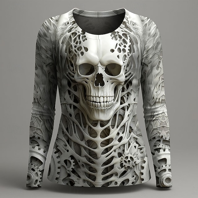  Halloween Women's T Shirt Graphic Skull Skeleton Vintage Fashion Stylish Long Sleeve Crew Neck Round Neck Regular Tops Daily Weekend Print Red Purple Green Gray Summer Spring Fall