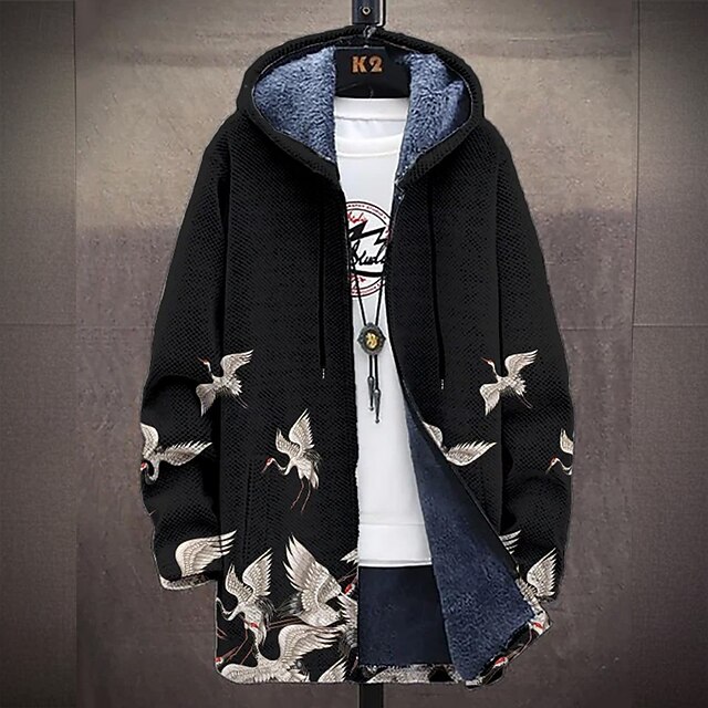 Men's Animal Patterned Winter Coat Fleece Jacket Coat Thermal Warm Comfortable Casual Daily Wear Zipper Pocket 3D Print Fall Winter Hooded Long Sleeve Black4