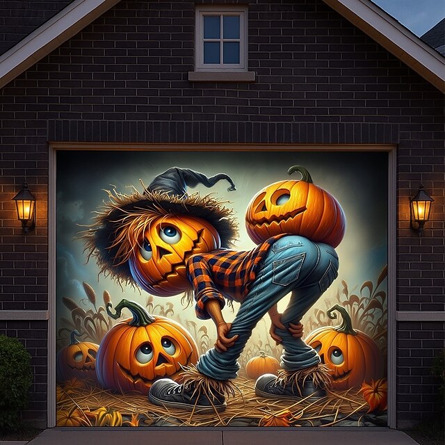 Halloween Garage Door Cover Scary Scarecrow with Pumpkins Haunted Field Banner, Creepy Horror Scene Backdrop Tapestry for Outdoor Wall Fence Yard Decoration Halloween Party4