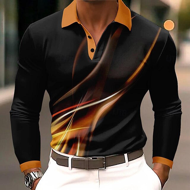 Men's Geometic Line Polo Long Sleeve Polo Shirts Lapel Business Casual Athleisure Daily Wear 3D Print Buttons Spring Fall Winter Orange4