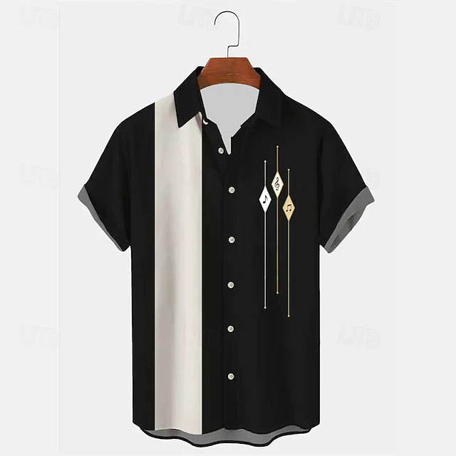 Men's Striped Geometric Pattern Vintage Shirt Bowling Shirt Button Up Shirt Short Sleeve Fashion Streetwear Designer Casual Going out Weekend Summer Spring Turndown Print Black 5