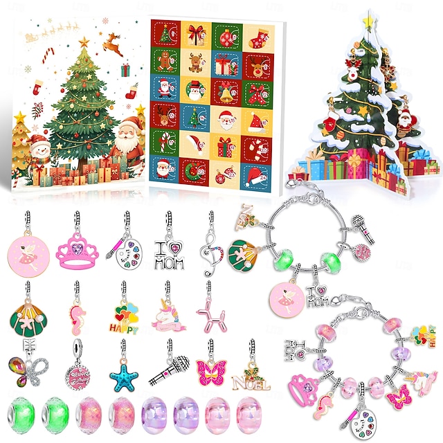  Christmas Advent Calendar Bracelets 2025 for Girls, 24 Days DIY Jewelry Making Kit with 22 Charm Beads and 2 Adjustable Bracelets, Xmas Countdown Gift for Kids Teens Women