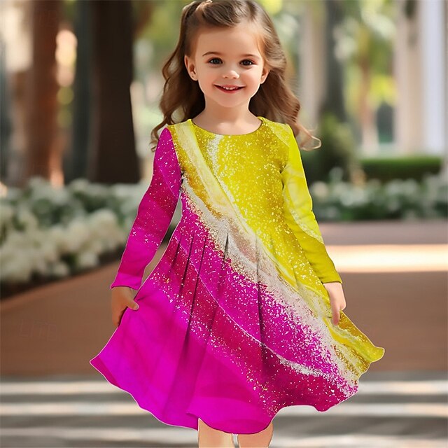 Girls' 3D Graphic Dress Long Sleeve Summer Spring Vacation Daily Holiday Princess Beautiful Sweet Kids 4-12 Years Casual Dress A Line Dress Knee-length Regular Fit4