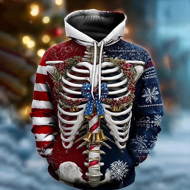 Men's Skull Jingle Bell Hoodie Fashion Daily Hooded Vacation Party Streetwear Blue Printing Fall Winter Designer4