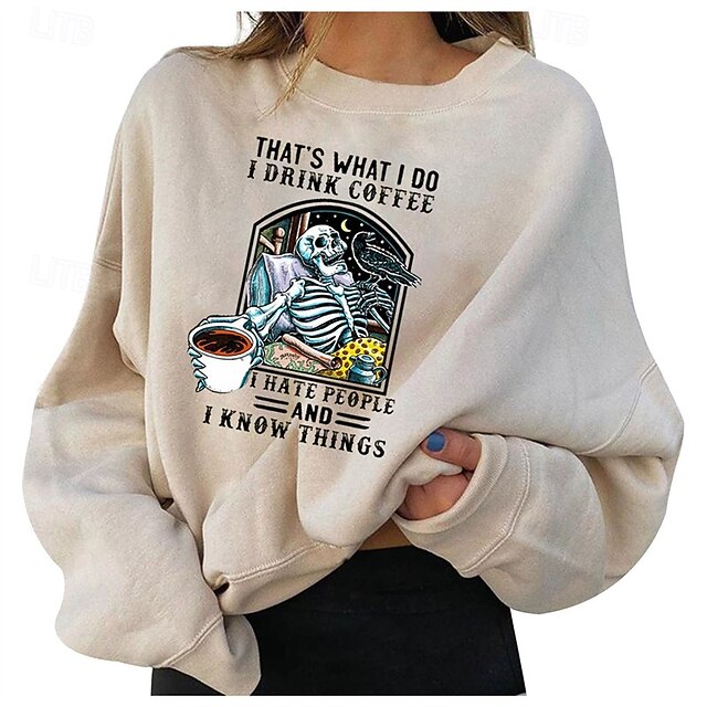 Women's Pullover Sweatshirt Graphic Skull Halloween Active Fashion Streetwear Long Sleeve Crew Neck Round Neck Regular Tops Street Dailywear Casual Print Beige Fall Winter4