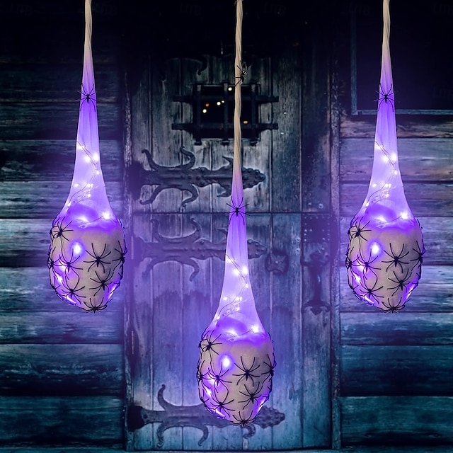  3-pack hängande lysande spindelägg, halloweendekoration, stora halloween-spindel- och spindelnätspåsar med solcellsslinga med ljusslinga för halloween inomhus- och utomhusfestdekoration