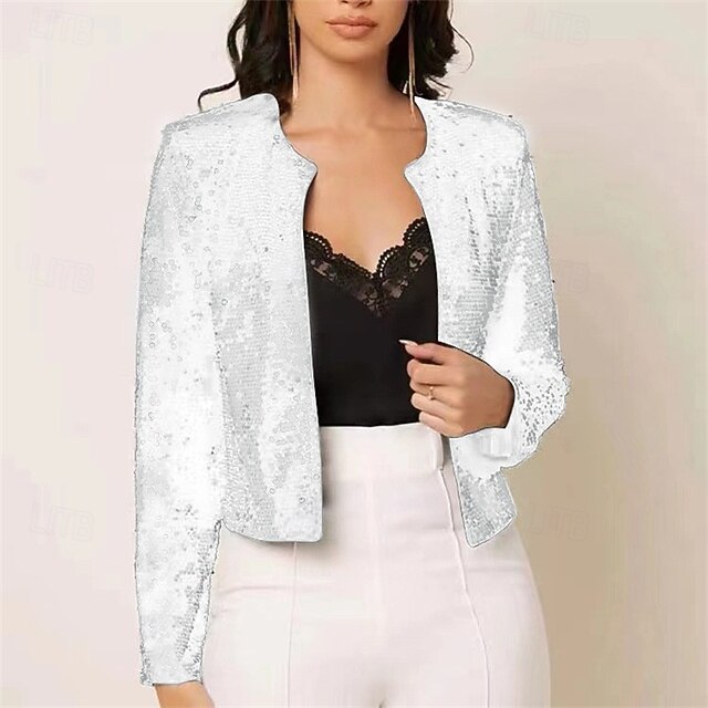 Women's Casual Jacket Comfortable Breathable Sequin Fashion Daily Plain Outdoor Casual Daily Short Collarless Regular Fit Long Sleeve Outerwear Silver Spring Fall4
