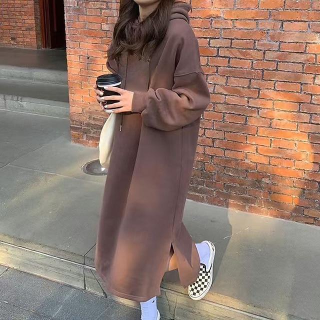  Damen Midikleid Kapuzenkleid Mode Modern Täglich Ausgehen Normale Passform Einfach Langarm Rundhalsausschnitt Mit Kapuze Schwarz Braun Dunkelblau Grau Frühling Herbst