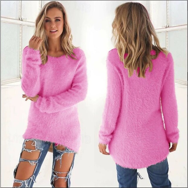 Women's Pullover Sweatshirt Plain Fuzzy Cozy Ribbed Knitted Active Fashion Streetwear Long Sleeve Crew Neck Round Neck Regular Tops Street Dailywear Casual Patchwork Pink Spring Fall4