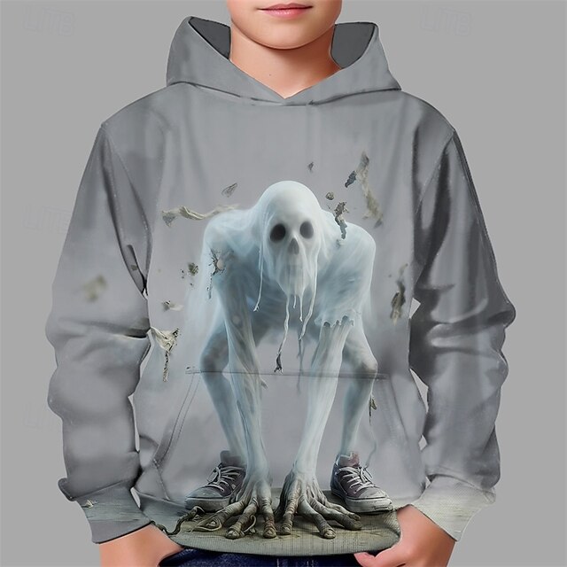 Halloween Boys' 3D Ghost Hoodie Long Sleeve Spring Fall Fashion Streetwear Kids 4-12 Years Hooded Outdoor Casual Daily Regular Fit4