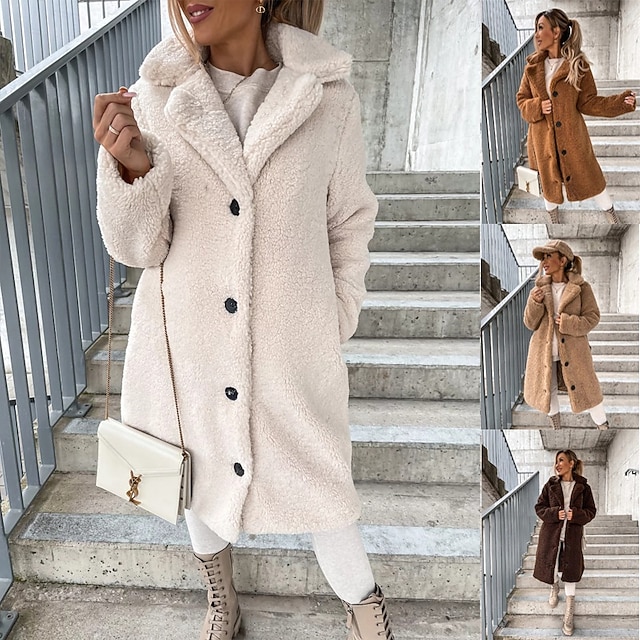  Dam Sherpajacka Bekväm Andningsfunktion Knappar Elegant Ledigt Slät Semester Gata Ledigt Dagliga kläder Enkelknäppt Lång Huva Normal Långärmad Ytterkläder Brun Kaki Beige Vår Höst