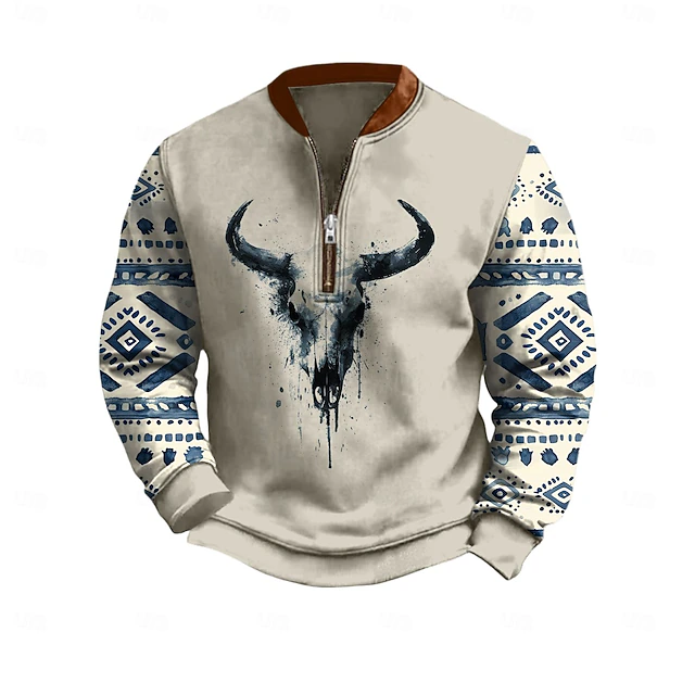 Men's Quarter Zip Sweatshirt Beige Half Zip Cow Tribal Front Pocket Quarter Zip Daily Holiday Going out Polyester Vintage Streetwear Retro Fall Winter Clothing Apparel Hoodies Sweatshirts2