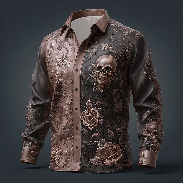 Men's Skull Floral Print Day of the Dead Shirt Button Up Shirt Long Sleeve Vintage Retro Dark Gothic Style Outdoor Holiday Spring Fall Turndown 3D Print Linen Like Shirt Brown4
