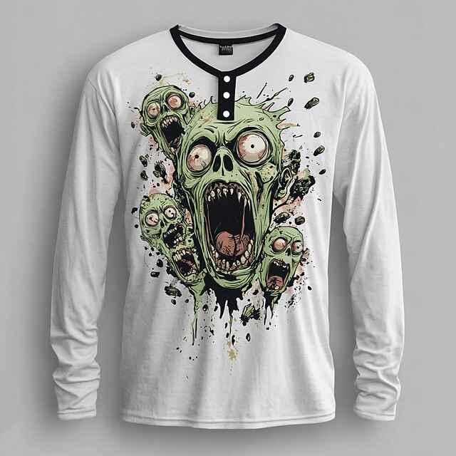 Men's Halloween Graphic Zombies Henley Shirt Long Sleeve Fashion Cute Daily Casual Holiday Going out Fall Spring &  Fall White Henley Collar Henley Henley T-Shirt4