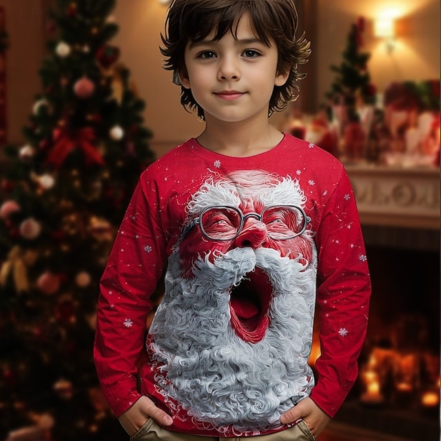  Jul Pojkar 3D Grafisk jultomten T-shirt Långärmad Vår Höst Mode Grundläggande Barn 4-12 år Rund hals Utomhus Ledigt Dagligen Normal