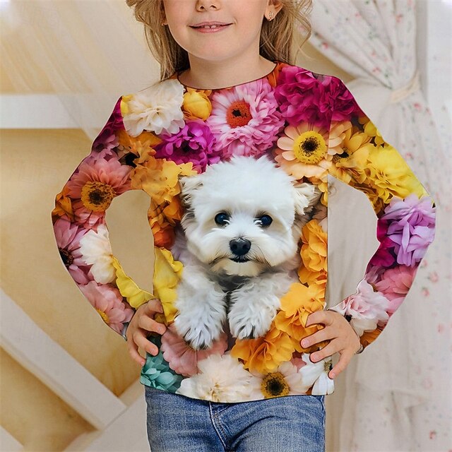 Girls' 3D Floral Dog T shirt Tee Long Sleeve Spring Fall Fashion Basic Kids 4-12 Years Crew Neck Outdoor Casual Daily Regular Fit4