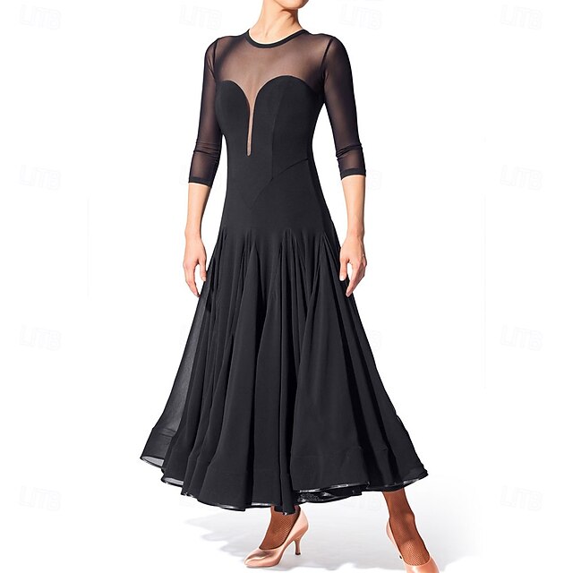 Women's Black Ballroom Dance Dress with Sheer Mesh Sleeves and V-Neckline, Flared Skirt, Elegant Performance Wear for Latin, Tango, and Ballroom Events4