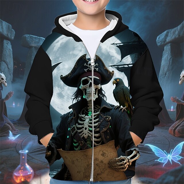 Halloween Boys' 3D Cartoon Skull Hoodie Coat Outerwear Long Sleeve Spring Fall Adorable Sport Kids 4-12 Years Zip Street Daily Regular Fit4