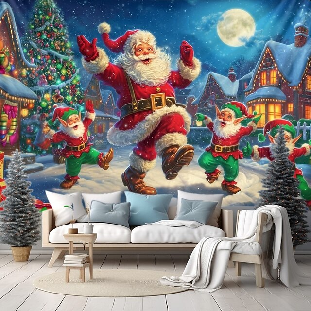 Christmas Wall Tapestry Backdrop, Santa Claus Flying Sleigh with Reindeer under Night Sky, 2025 Xmas Winter Wonderland Holiday Wall Hanging for Bedroom Living Room4