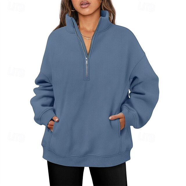 Women's Pullover Sweatshirts Zip Up Sweatshirts Plain Sports Fashion Casual Long Sleeve High Neck Regular Tops Street Dailywear Going out Half Zipper Quarter Zipper Zipper Blue Fall Winter4