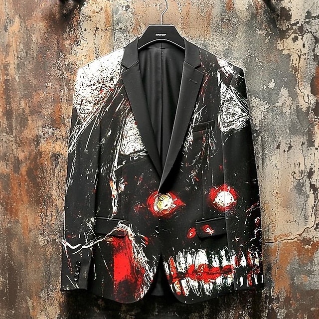  男性用 ブレザー コート ハロウィーン ストリート カジュアル カジュアル 普段着 秋冬 オールシーズン ポリエステル100% スカル 3Dプリント ボタン 保温 快適 シングルブレスト ブレザー ブラック